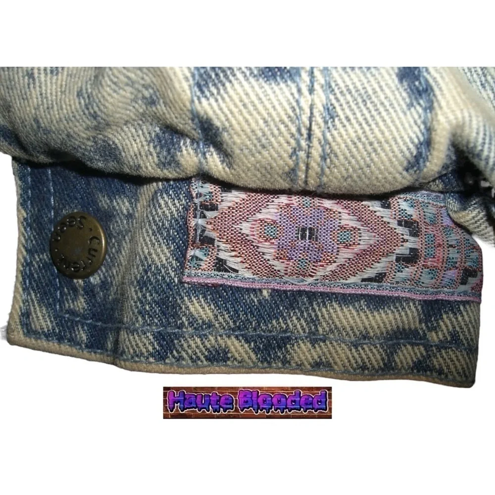 Vintage 80's Acid Wash Denim Long Warm Trench Coat Aztec e-girl alt Grunge Punk